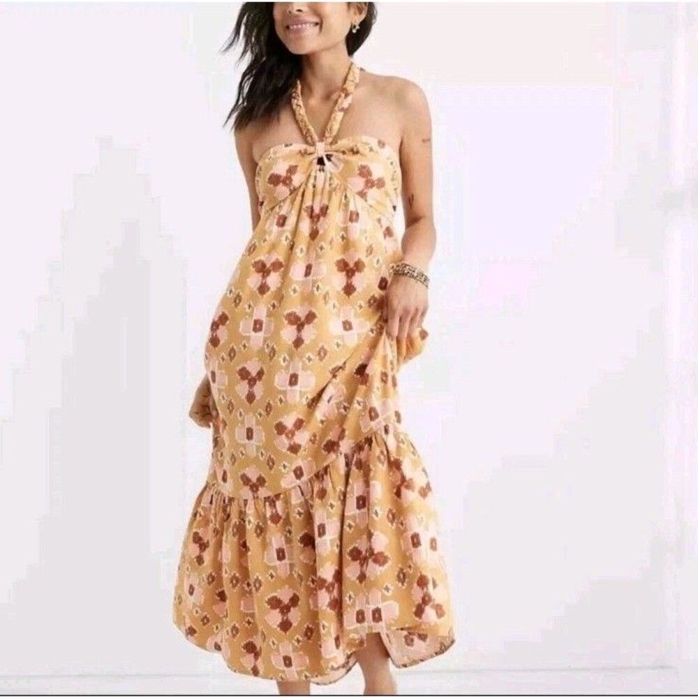 Aerie Yellow Braided Halter Linen Blend Maxi Dress Smocked Back Tiered Large